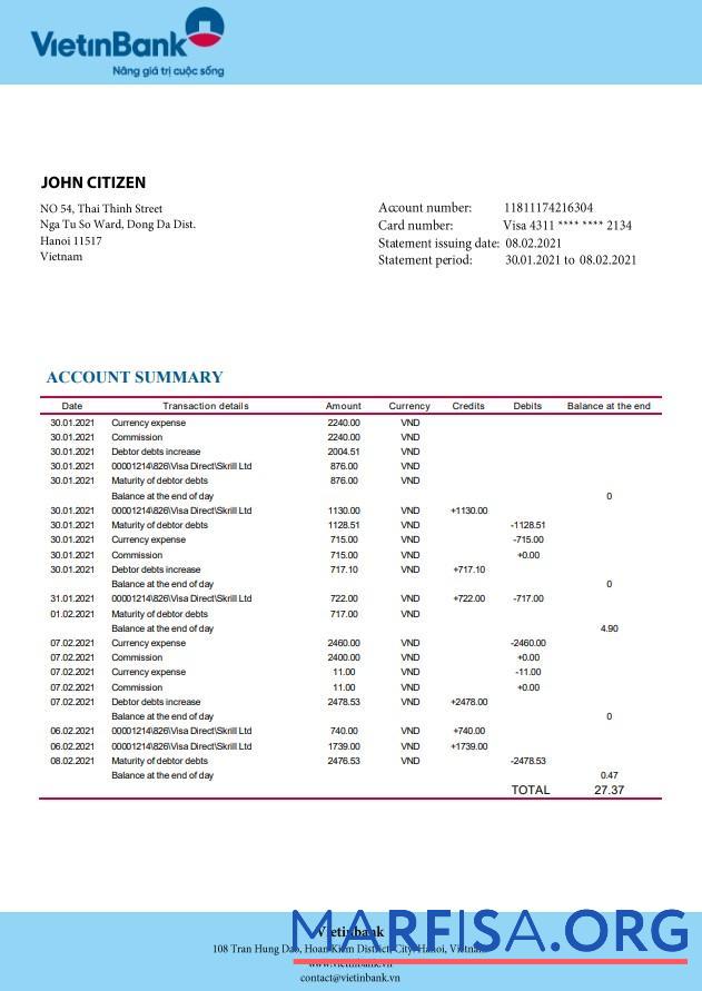 Realistic Vietnam Vietinbank statement word example